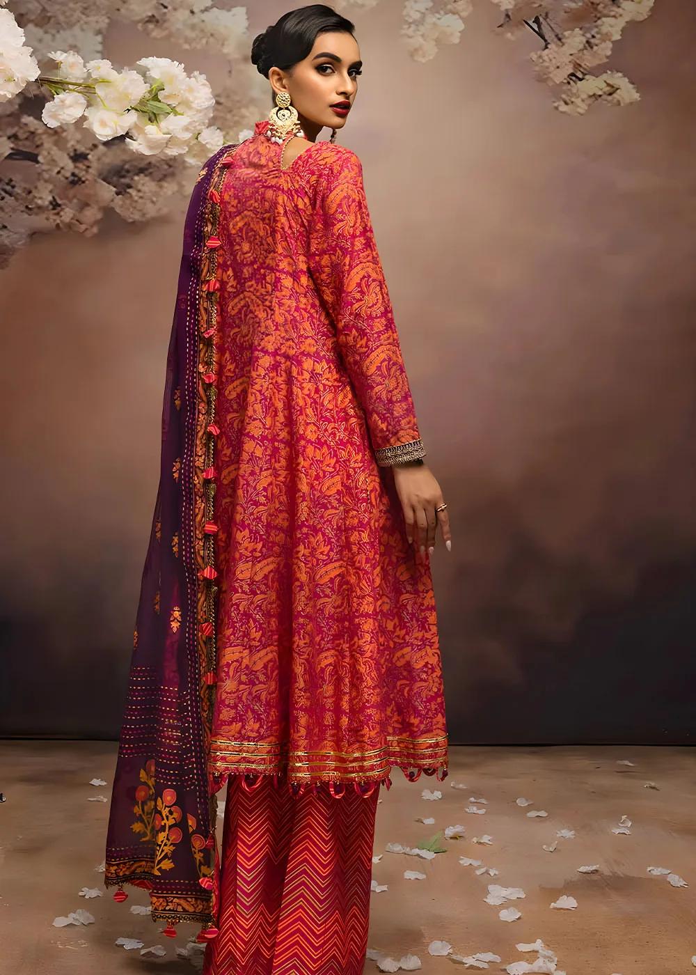 Gul Ahmed 3-Piece Unstitched Embroidered Gold and Lacquer Printed Lawn Suit with Cotton Net Dupatta CN-32024