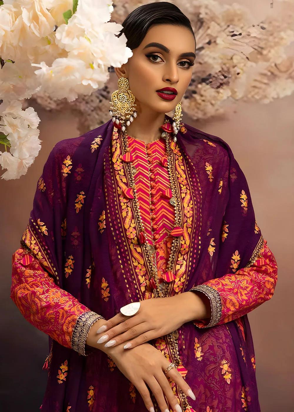 Gul Ahmed 3-Piece Unstitched Embroidered Gold and Lacquer Printed Lawn Suit with Cotton Net Dupatta CN-32024