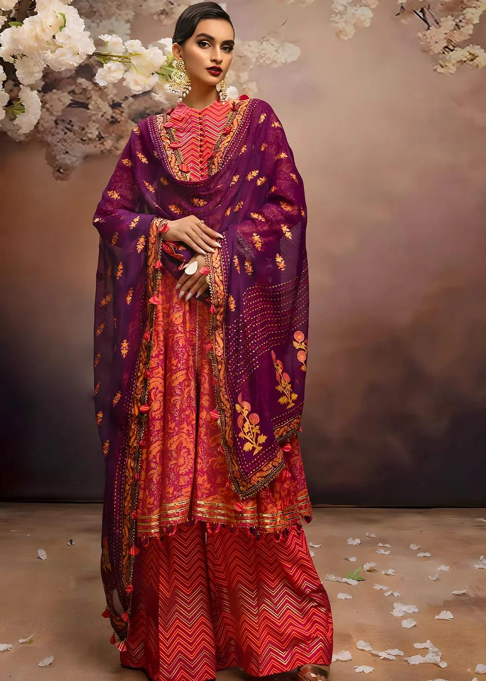 Gul Ahmed 3-Piece Unstitched Embroidered Gold and Lacquer Printed Lawn Suit with Cotton Net Dupatta CN-32024