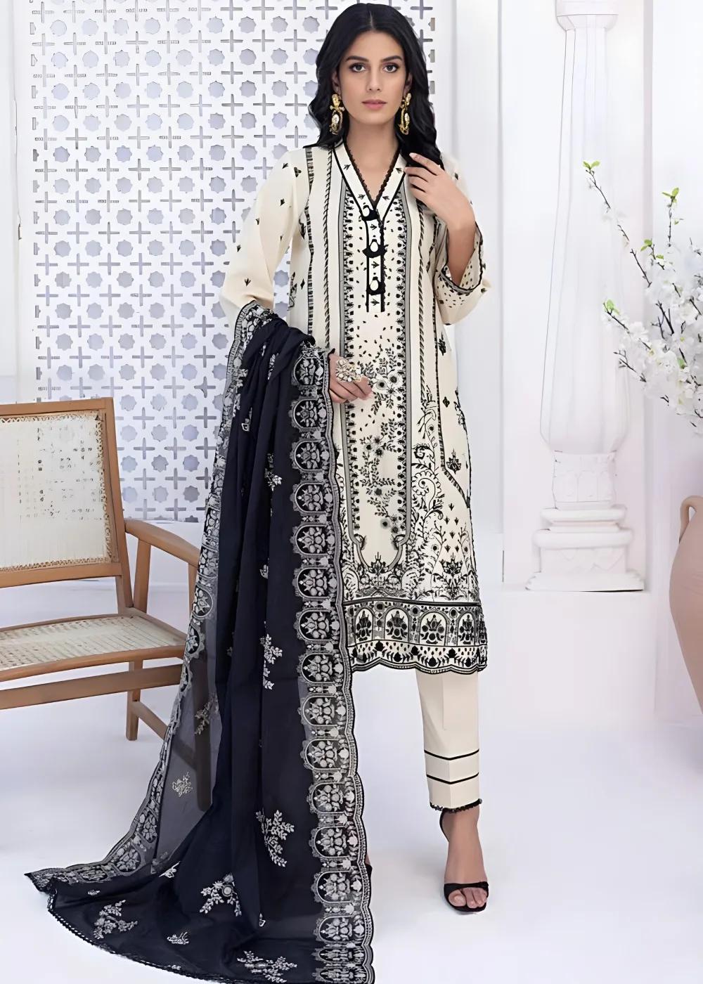 Gul Ahmed 3-Piece Unstitched Embroidered Lawn Shirt with Embroidered Denting Lawn Dupatta DN-42021