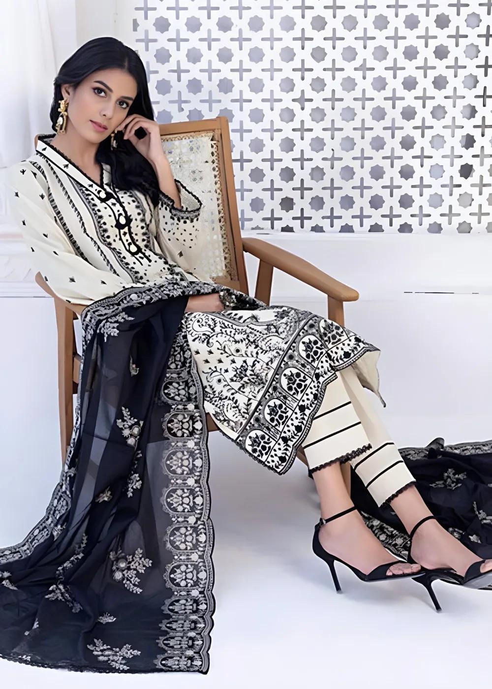 Gul Ahmed 3-Piece Unstitched Embroidered Lawn Shirt with Embroidered Denting Lawn Dupatta DN-42021