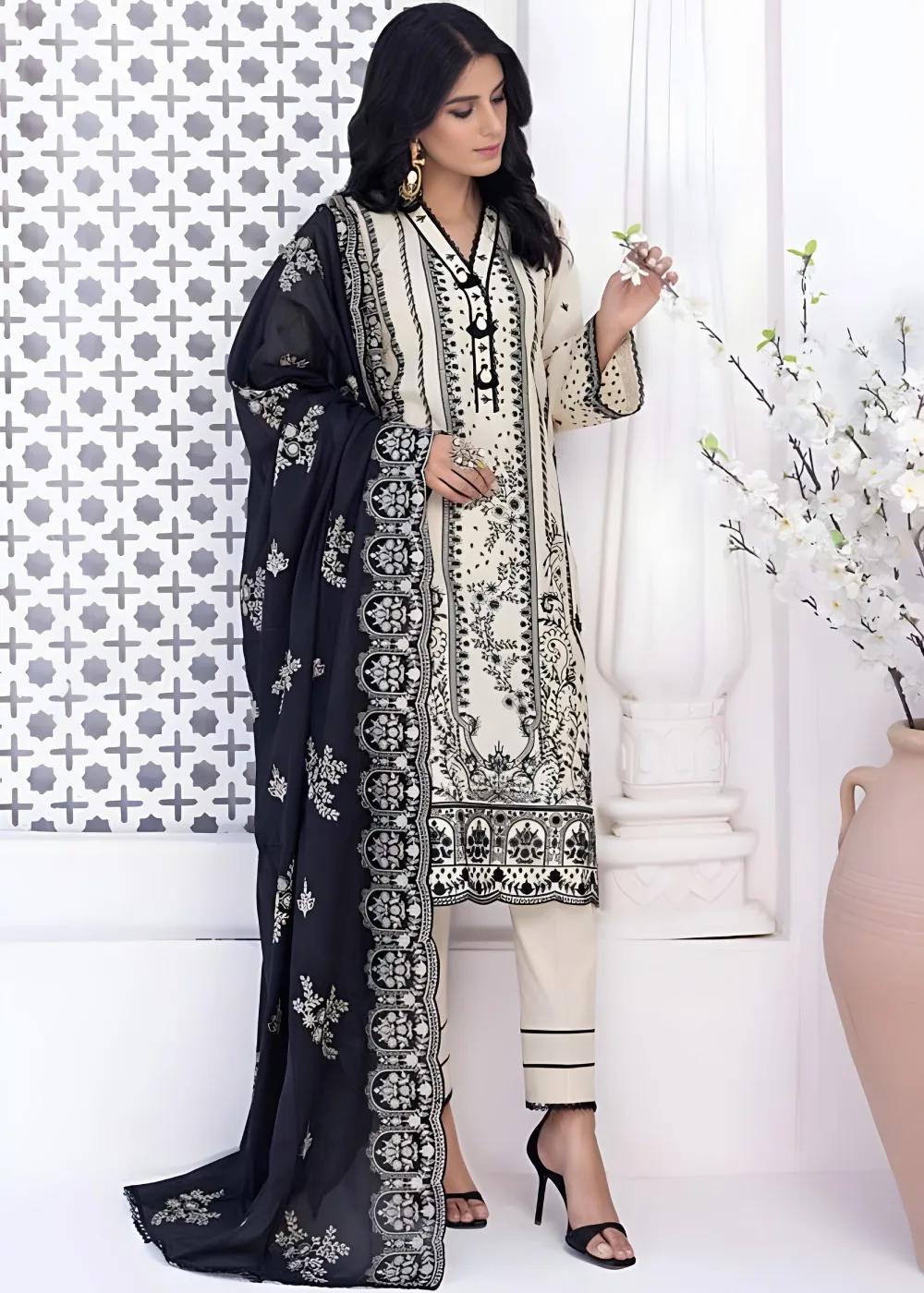 Gul Ahmed 3-Piece Unstitched Embroidered Lawn Shirt with Embroidered Denting Lawn Dupatta DN-42021