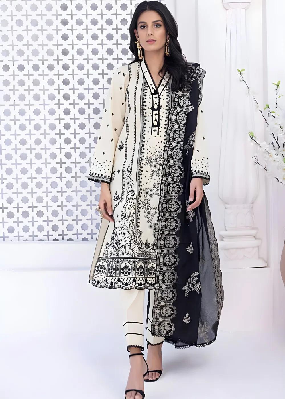Gul Ahmed 3-Piece Unstitched Embroidered Lawn Shirt with Embroidered Denting Lawn Dupatta DN-42021