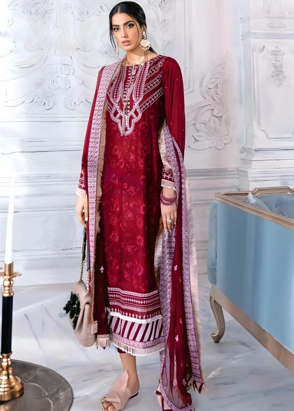 Gul Ahmed 3-Piece Unstitched Embroidered Lawn Suit With Embroidered Chiffon Dupatta PM-396