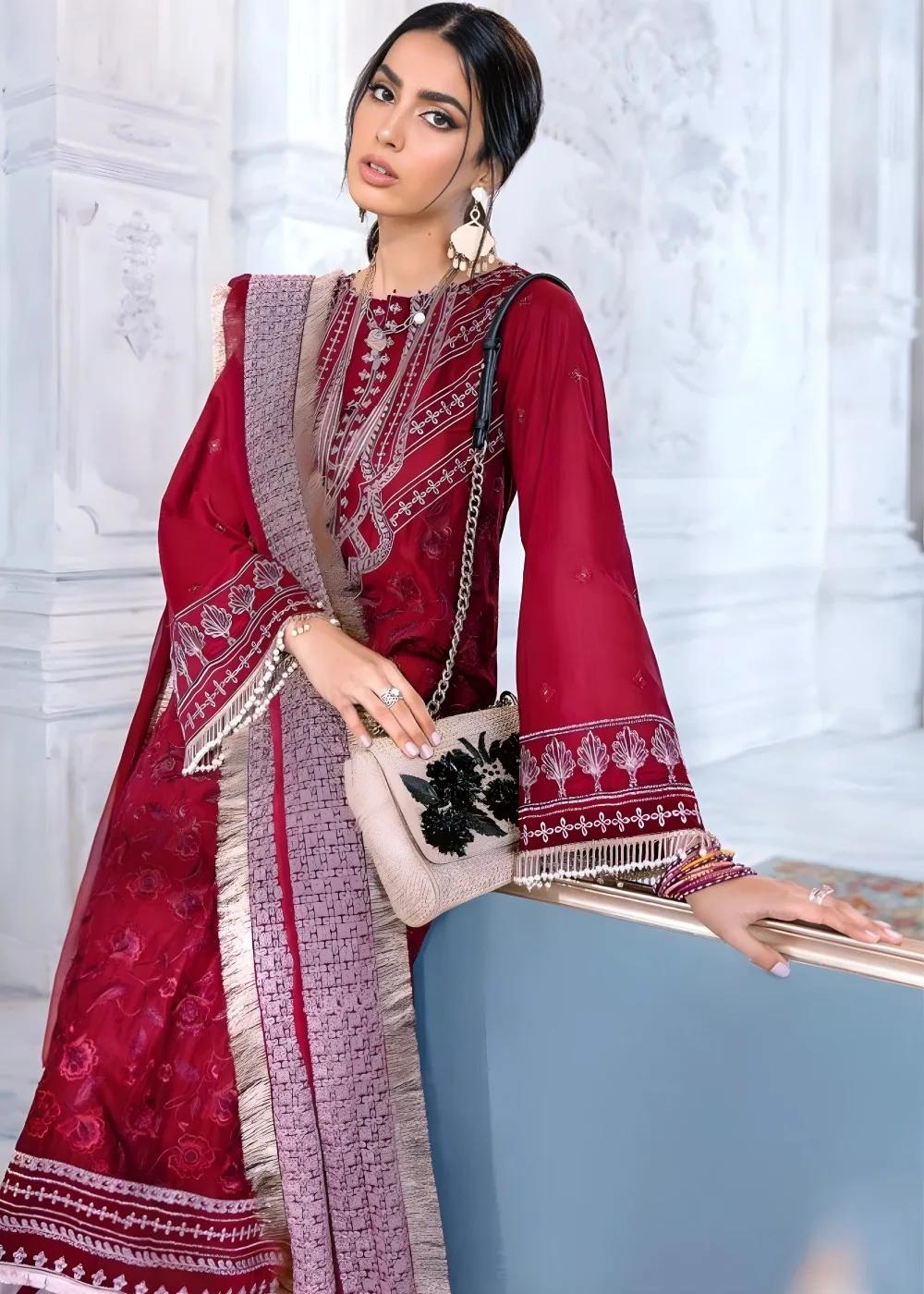 Gul Ahmed 3-Piece Unstitched Embroidered Lawn Suit With Embroidered Chiffon Dupatta PM-396