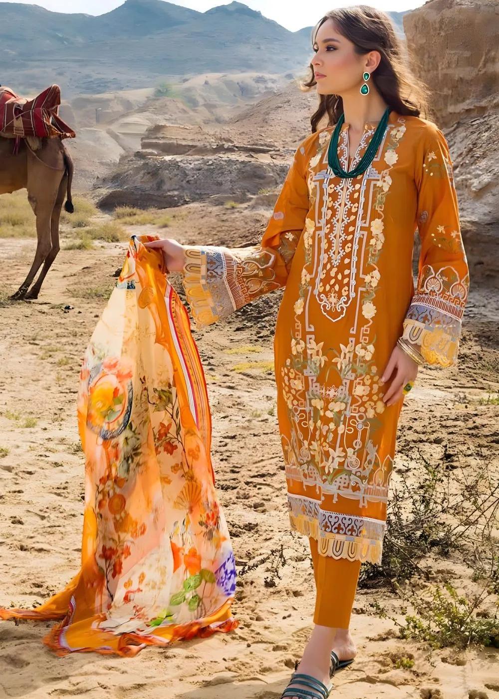 Gul Ahmed 3-Piece Unstitched Lawn Embroidered Suit With Digital Printed Tissue Silk Dupatta SSM-57