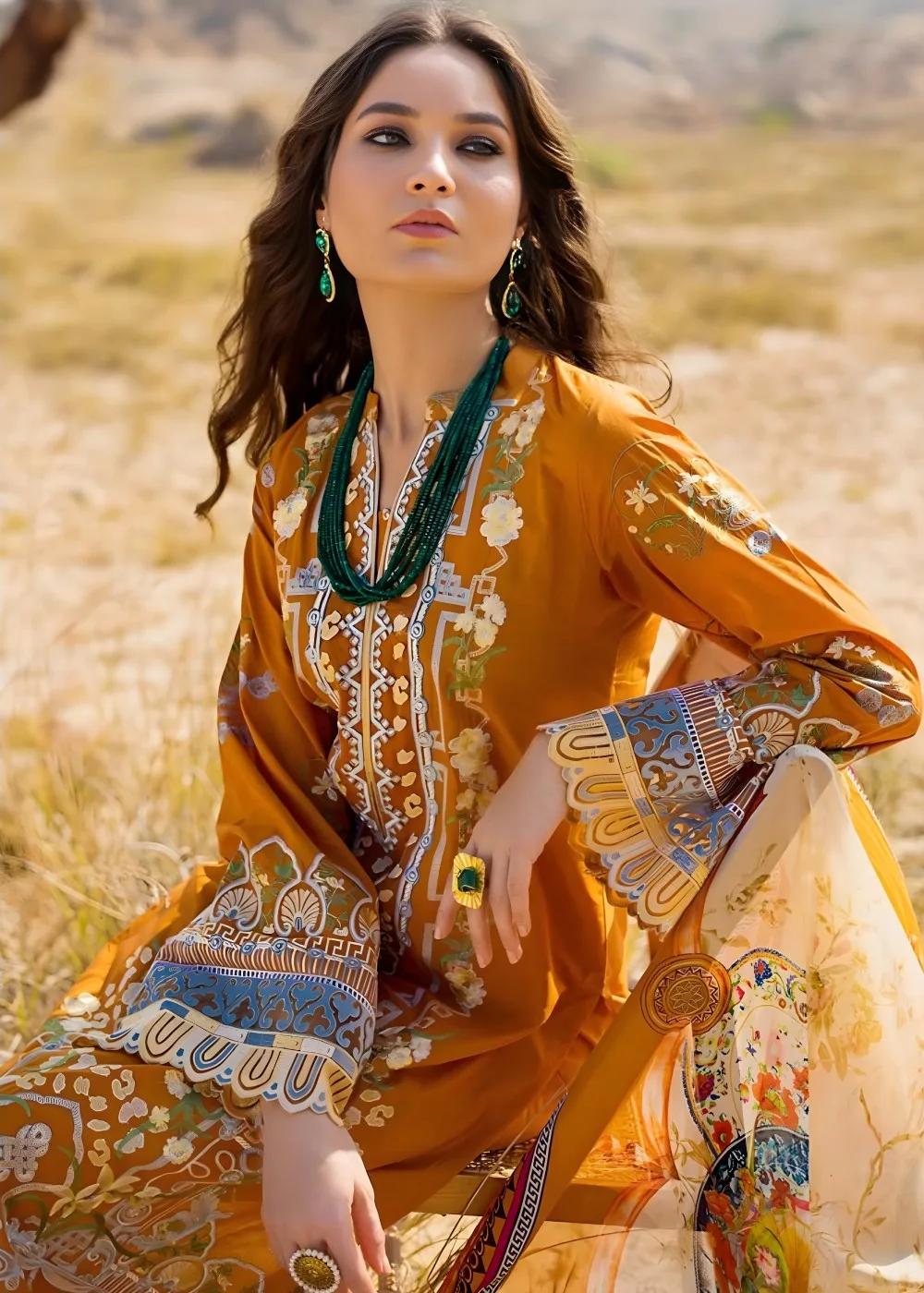 Gul Ahmed 3-Piece Unstitched Lawn Embroidered Suit With Digital Printed Tissue Silk Dupatta SSM-57