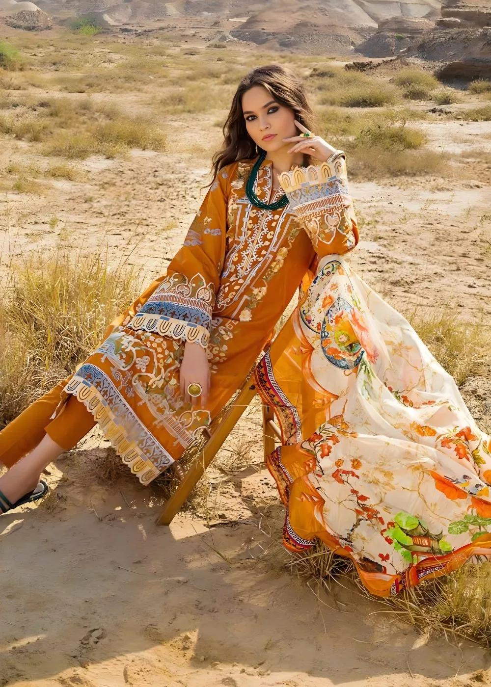 Gul Ahmed 3-Piece Unstitched Lawn Embroidered Suit With Digital Printed Tissue Silk Dupatta SSM-57