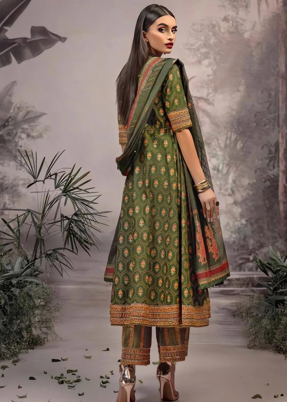Gul Ahmed 3-Piece Unstitched Luxury Embroidered Gold & Lacquer Printed Lawn Suit with Cotton Net Dupatta CN-32022
