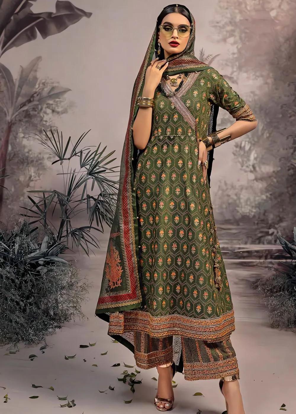 Gul Ahmed 3-Piece Unstitched Luxury Embroidered Gold & Lacquer Printed Lawn Suit with Cotton Net Dupatta CN-32022