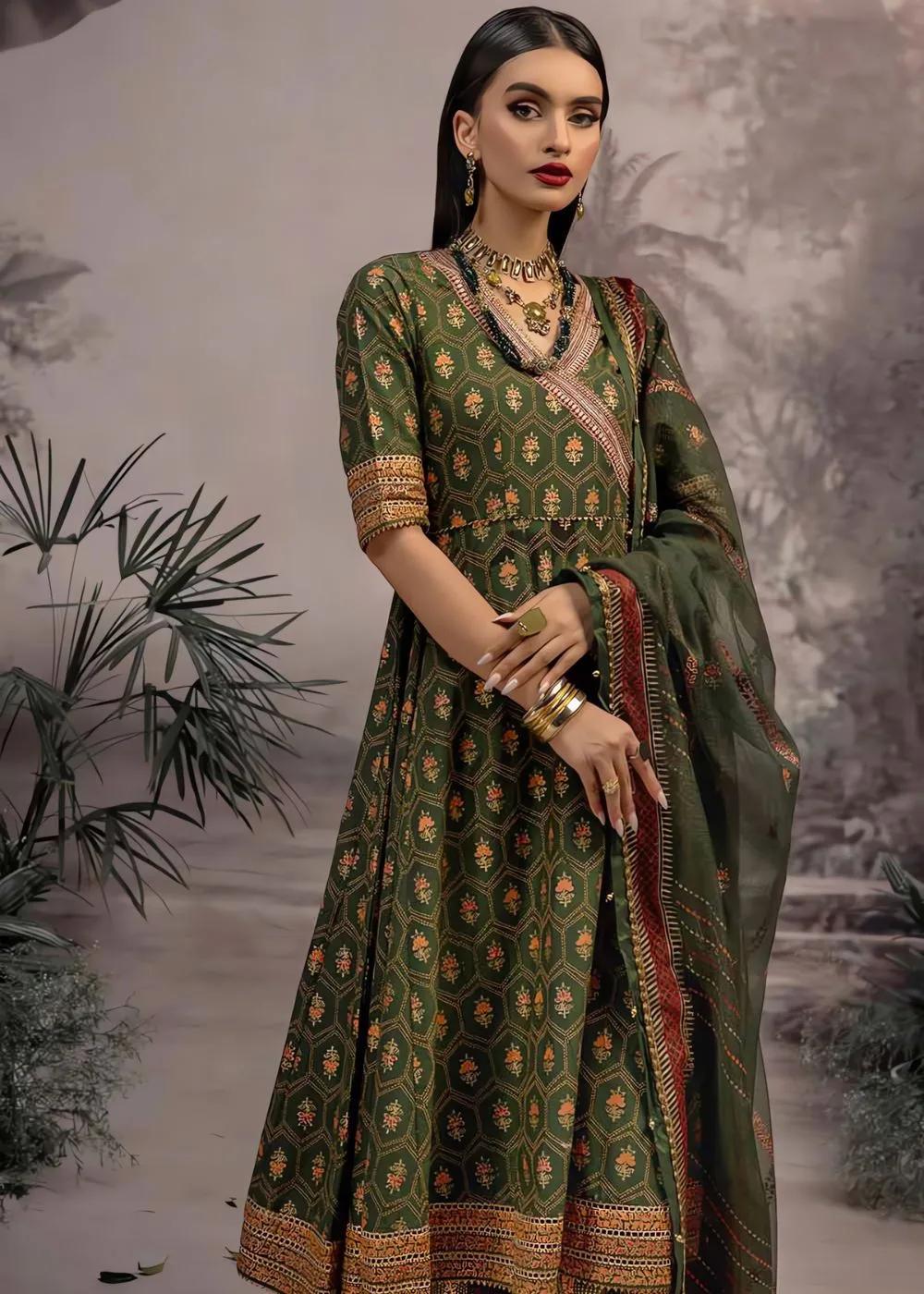 Gul Ahmed 3-Piece Unstitched Luxury Embroidered Gold & Lacquer Printed Lawn Suit with Cotton Net Dupatta CN-32022