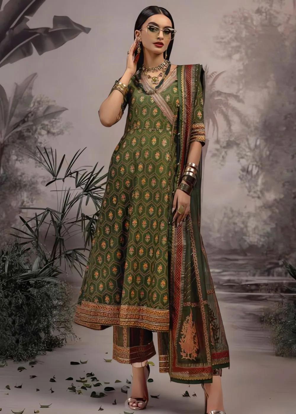 Gul Ahmed 3-Piece Unstitched Luxury Embroidered Gold & Lacquer Printed Lawn Suit with Cotton Net Dupatta CN-32022