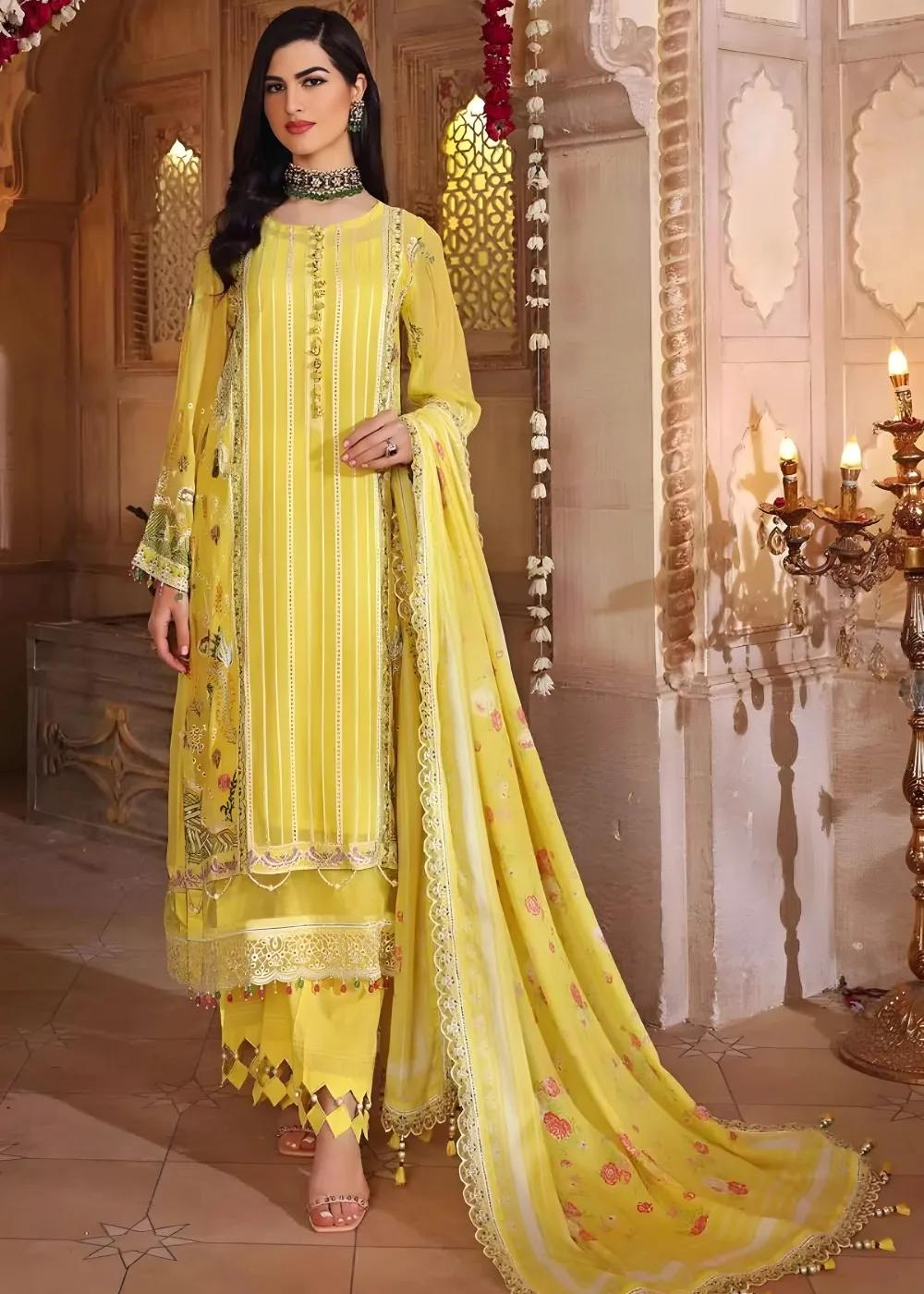 Gul Ahmed 3-Piece Unstitched Schiffli Chiffon Embroidered Suit with Striped Organza Dupatta FE-22052