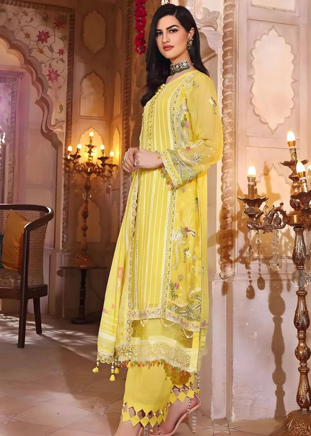 Gul Ahmed 3-Piece Unstitched Schiffli Chiffon Embroidered Suit with Striped Organza Dupatta FE-22052