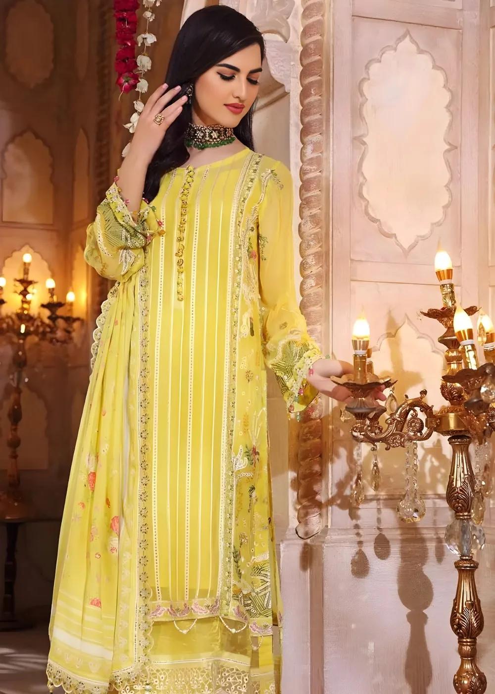 Gul Ahmed 3-Piece Unstitched Schiffli Chiffon Embroidered Suit with Striped Organza Dupatta FE-22052