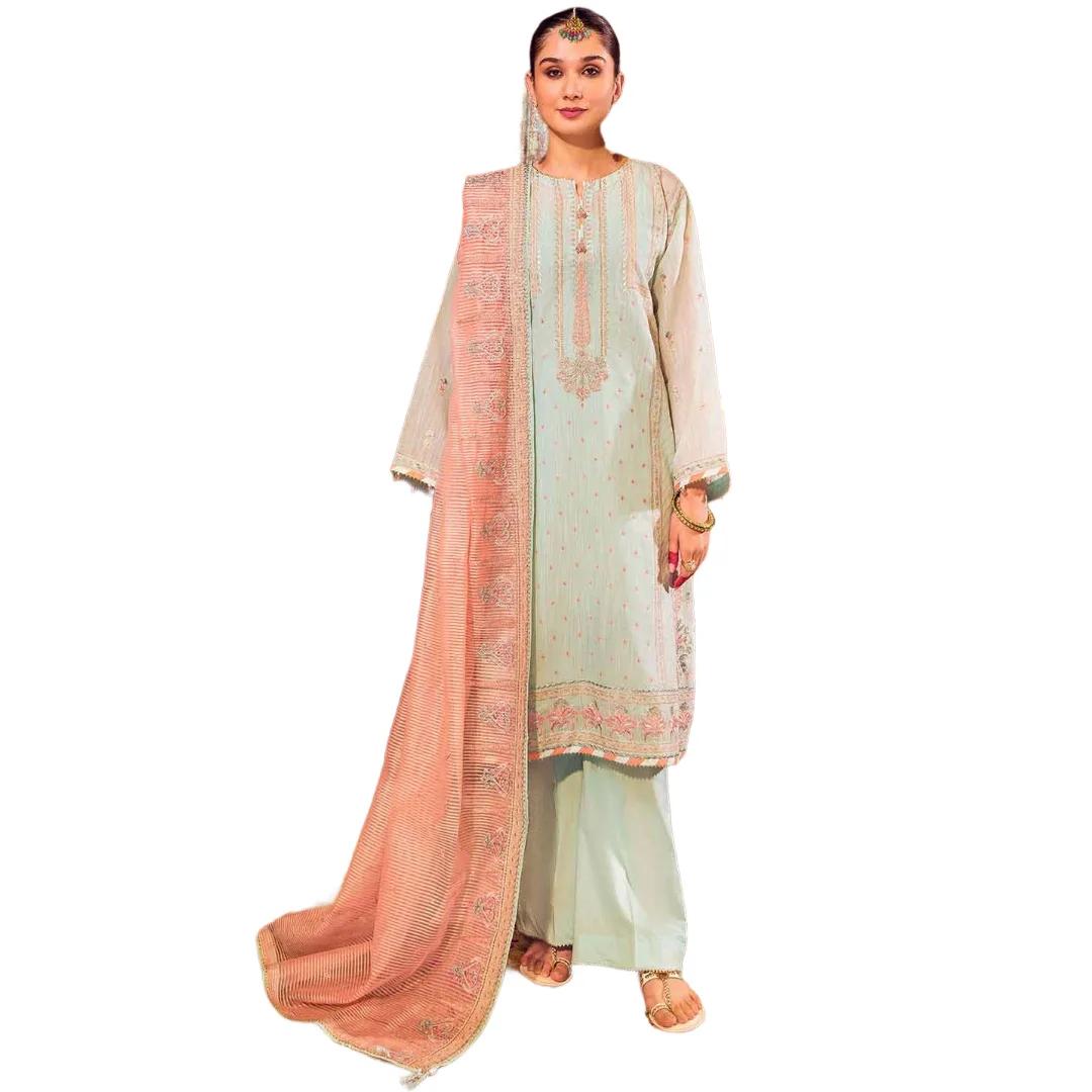 Gul Ahmed Dress for Women 3-Piece Embroidered Paper Cotton Unstitched Suit with Embroidered Stripe Dupatta FE-32045