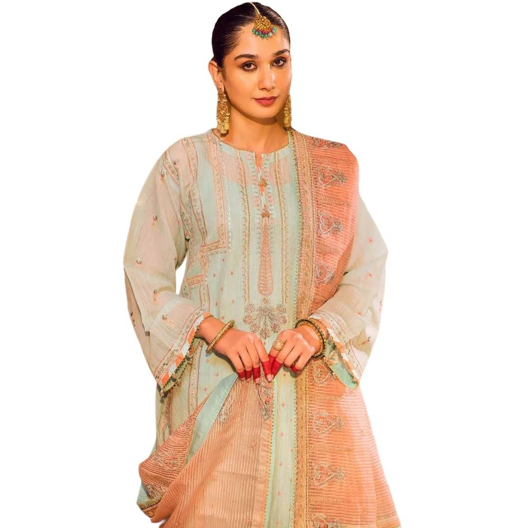 Gul Ahmed Dress for Women 3-Piece Embroidered Paper Cotton Unstitched Suit with Embroidered Stripe Dupatta FE-32045