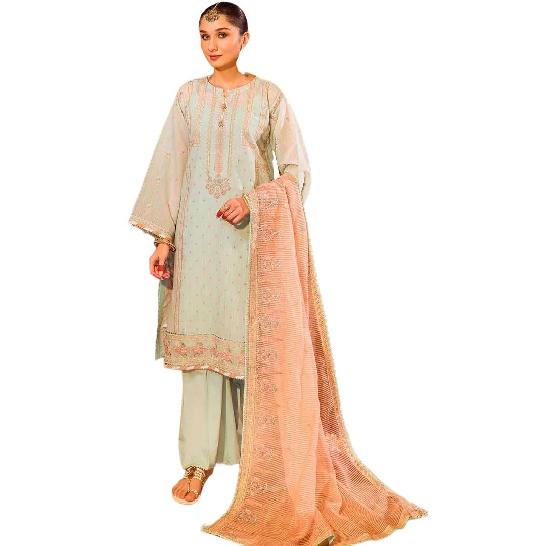 Gul Ahmed Dress for Women 3-Piece Embroidered Paper Cotton Unstitched Suit with Embroidered Stripe Dupatta FE-32045