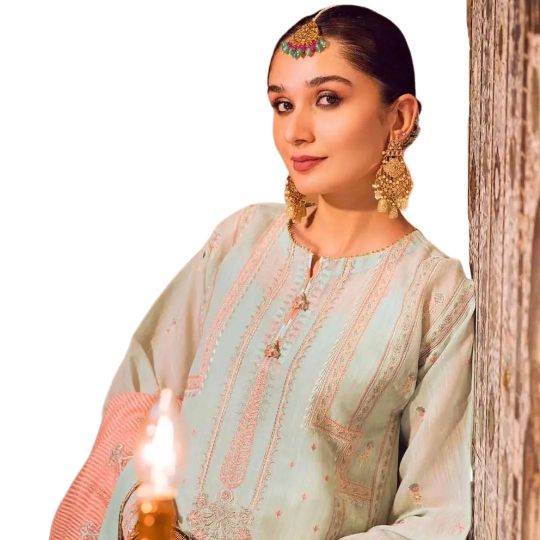 Gul Ahmed Dress for Women 3-Piece Embroidered Paper Cotton Unstitched Suit with Embroidered Stripe Dupatta FE-32045