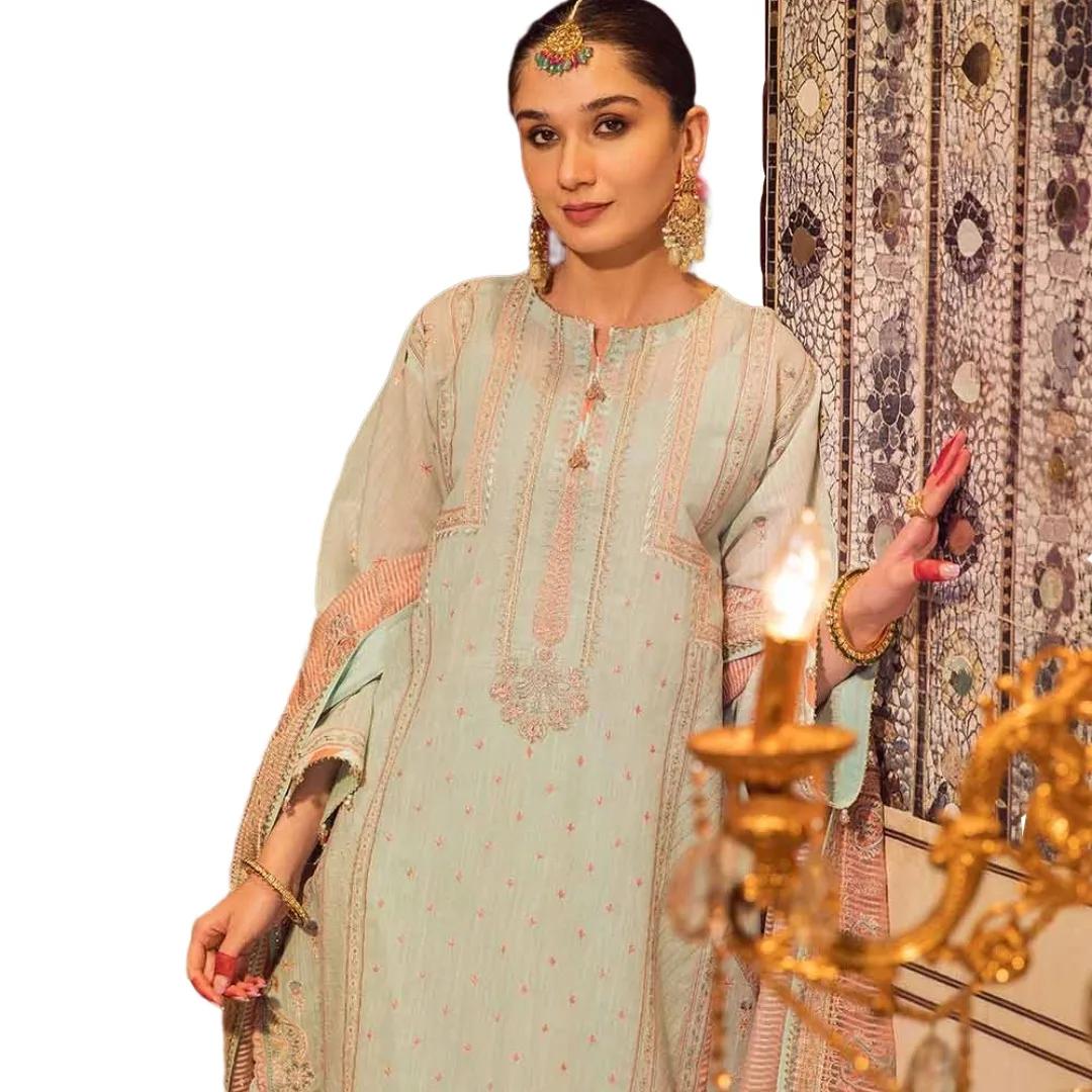 Gul Ahmed Dress for Women 3-Piece Embroidered Paper Cotton Unstitched Suit with Embroidered Stripe Dupatta FE-32045