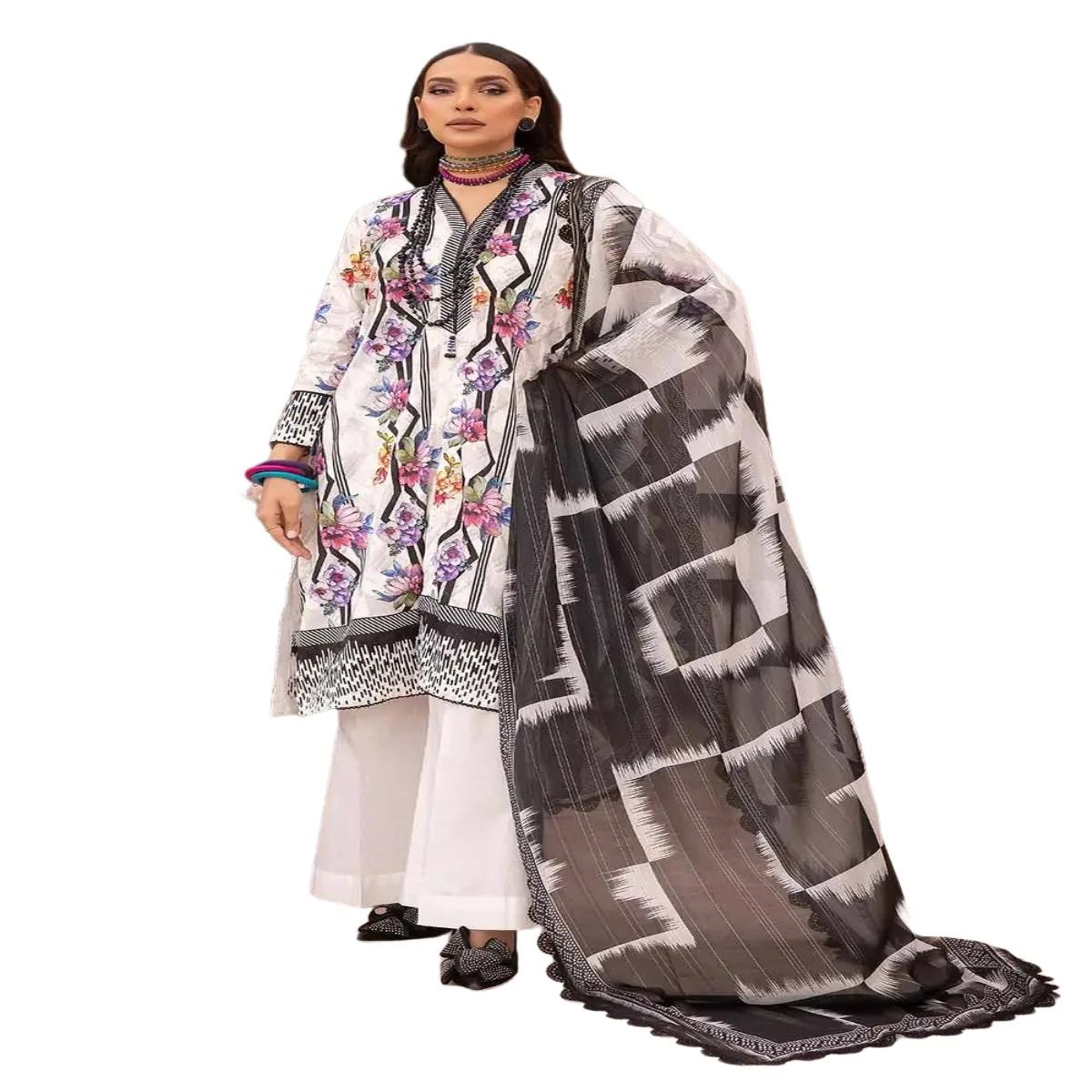 Gul Ahmed Dress for Women Embroidered Lawn Unstitched 3-Piece Suit with Zari Stripe Dupatta FE-32089