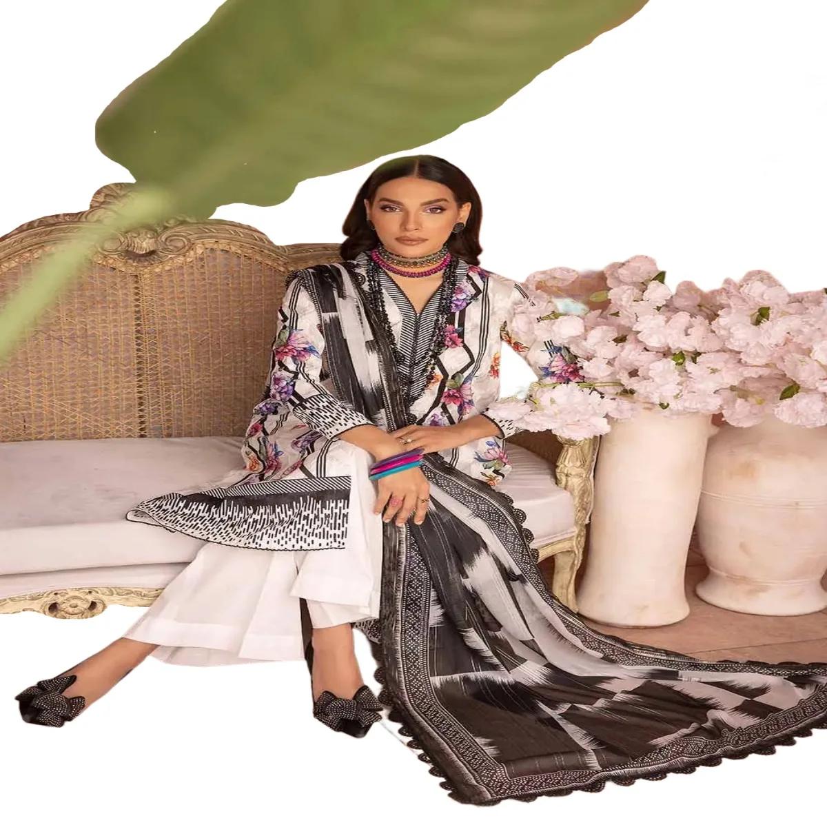 Gul Ahmed Dress for Women Embroidered Lawn Unstitched 3-Piece Suit with Zari Stripe Dupatta FE-32089