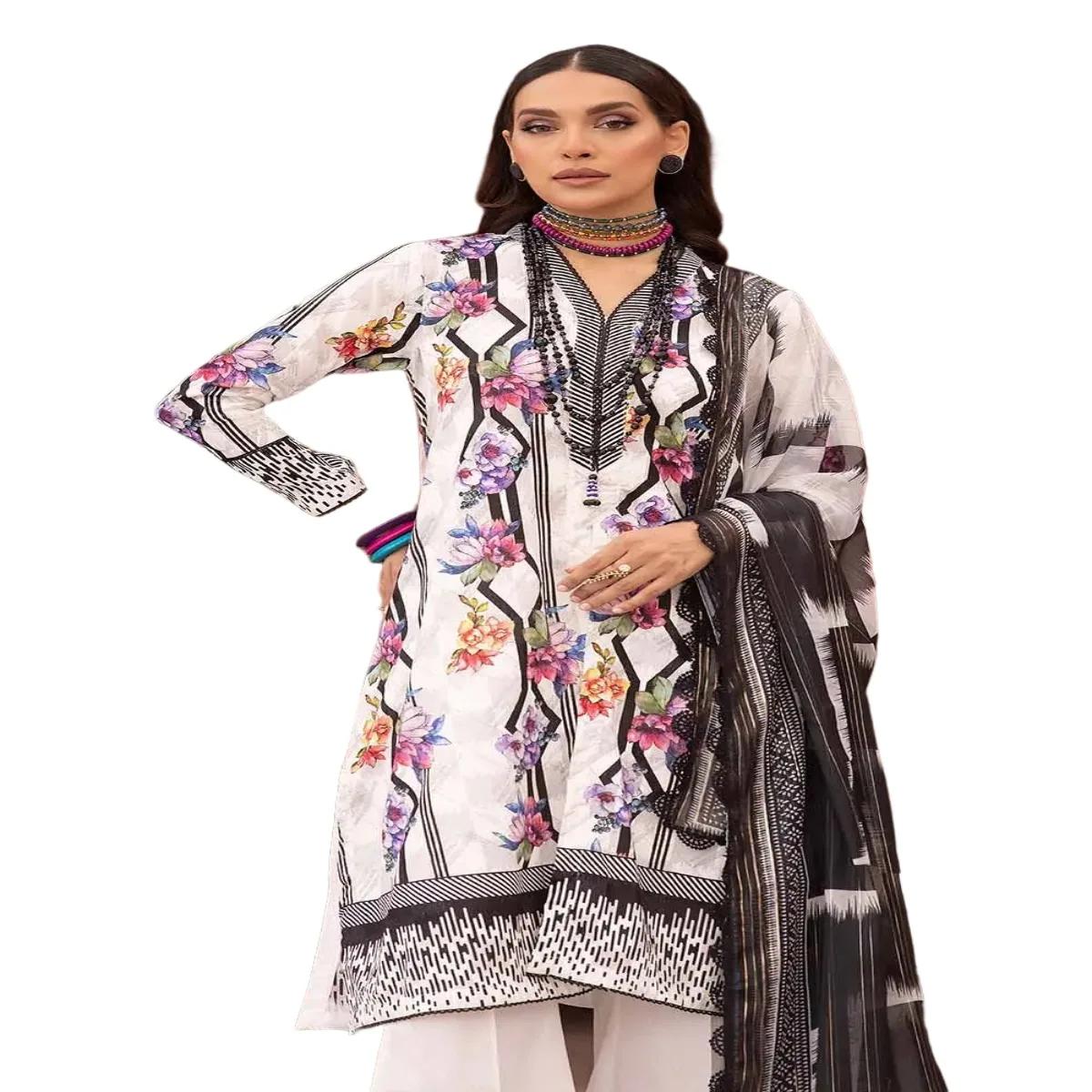 Gul Ahmed Dress for Women Embroidered Lawn Unstitched 3-Piece Suit with Zari Stripe Dupatta FE-32089