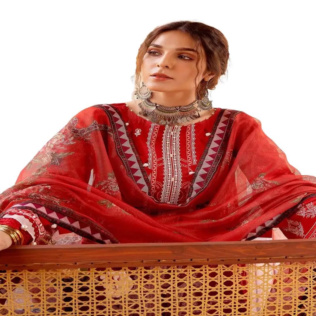 Gul Ahmed Embroidered 3-Piece Lacquer Printed Lawn Unstitched Suit with Khaddi Net Dupatta and organza on neckline CN-32014 - Buy Now