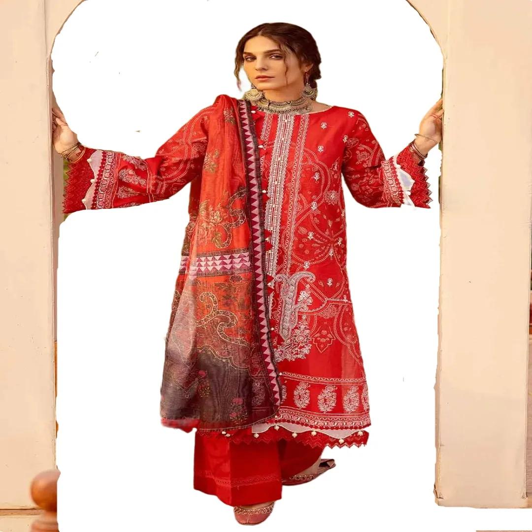 Gul Ahmed Embroidered 3-Piece Lacquer Printed Lawn Unstitched Suit with Khaddi Net Dupatta and organza on neckline CN-32014 - Buy Now