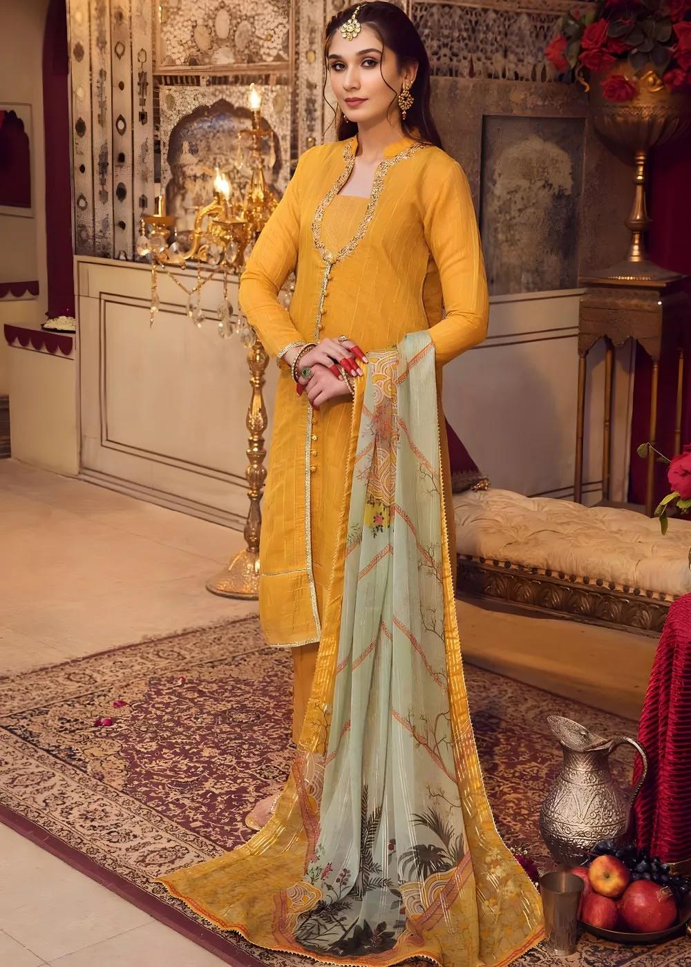 Gul Ahmed Embroidered Paper Cotton 3-Piece Unstitched Suit with Chiffon Dupatta FE-32107