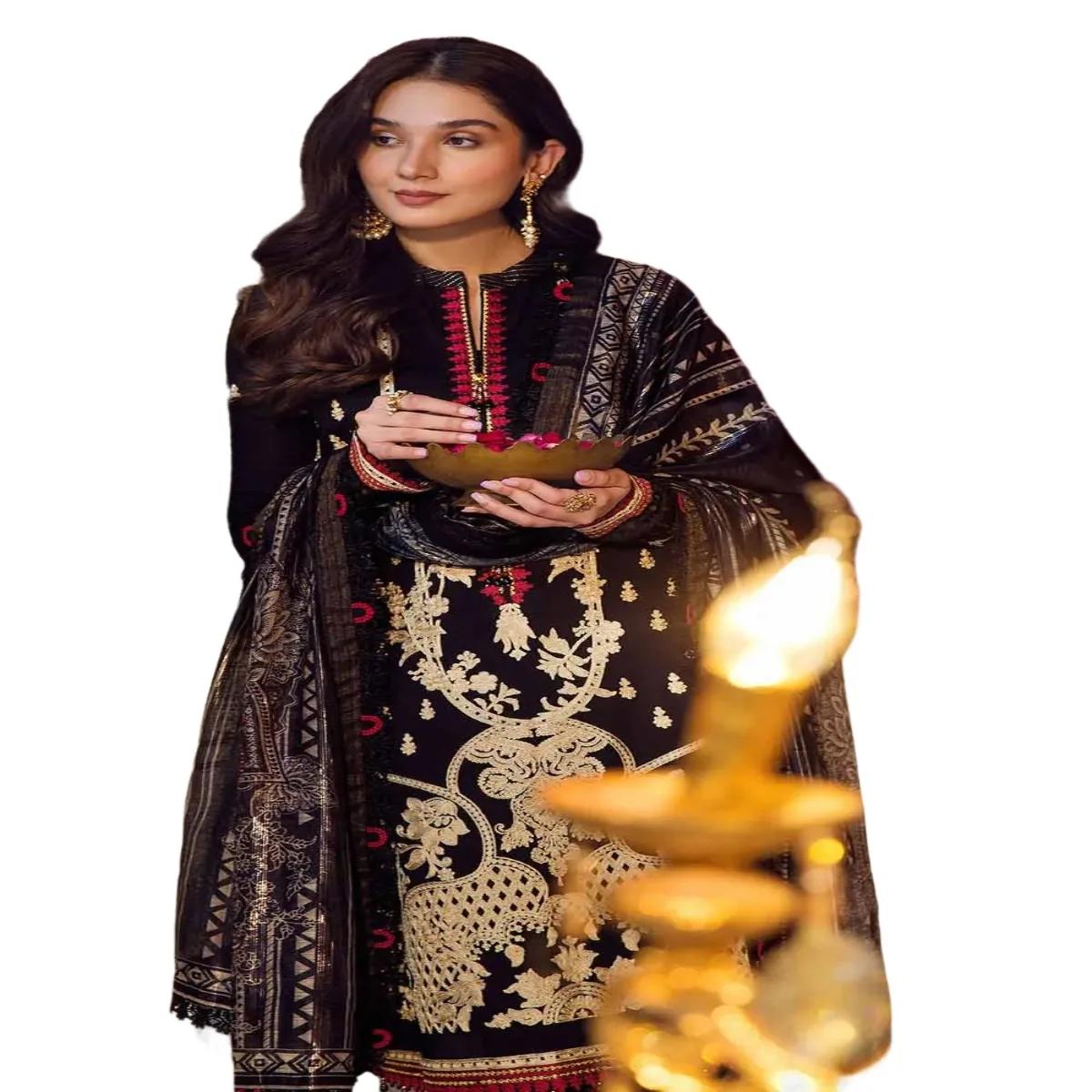Gul Ahmed Ideas Sale: Elegant 3-Piece Unstitched Embroidered Lawn Suit with Printed Zari Stripe Dupatta FE-32076 - Limited Edition!