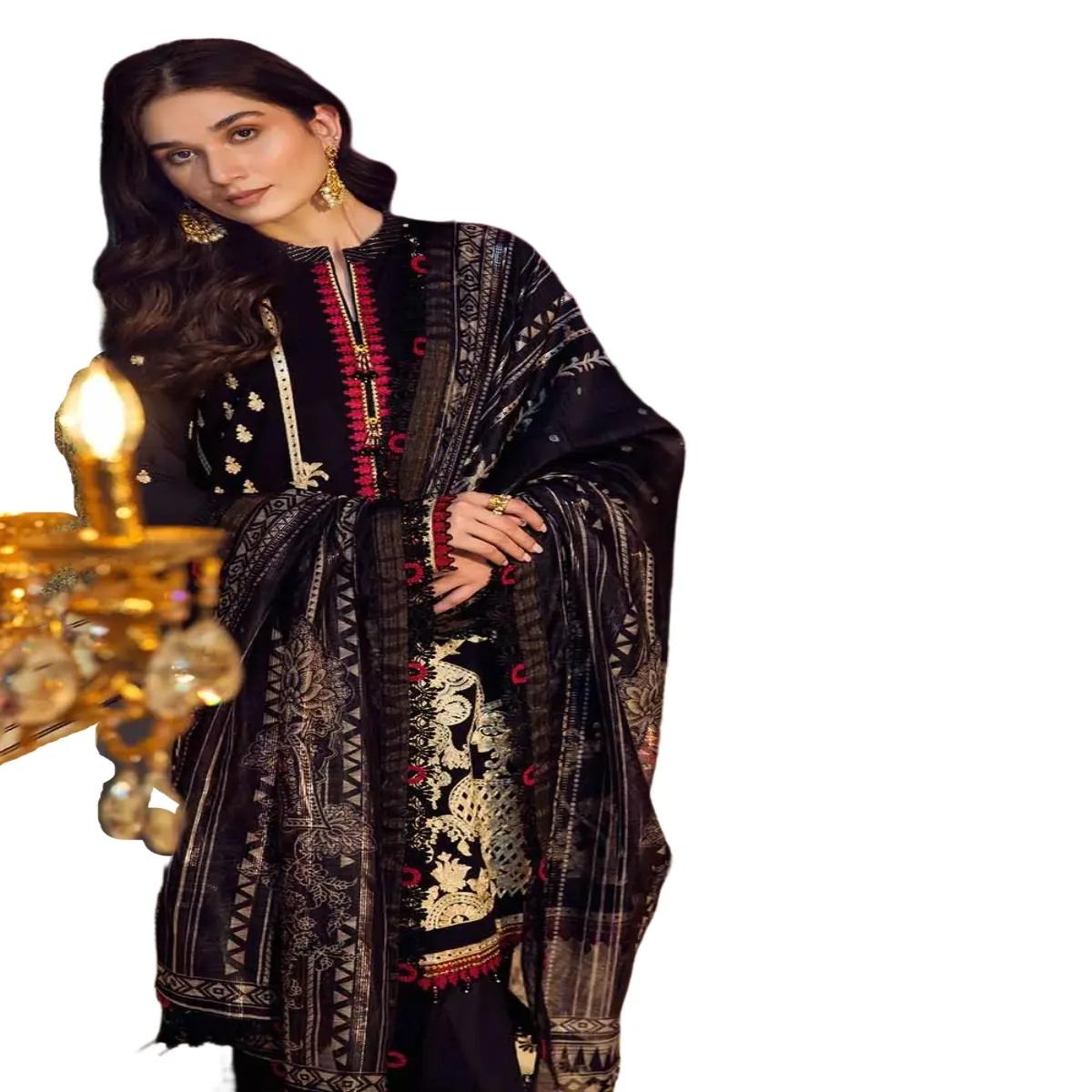 Gul Ahmed Ideas Sale: Elegant 3-Piece Unstitched Embroidered Lawn Suit with Printed Zari Stripe Dupatta FE-32076 - Limited Edition!