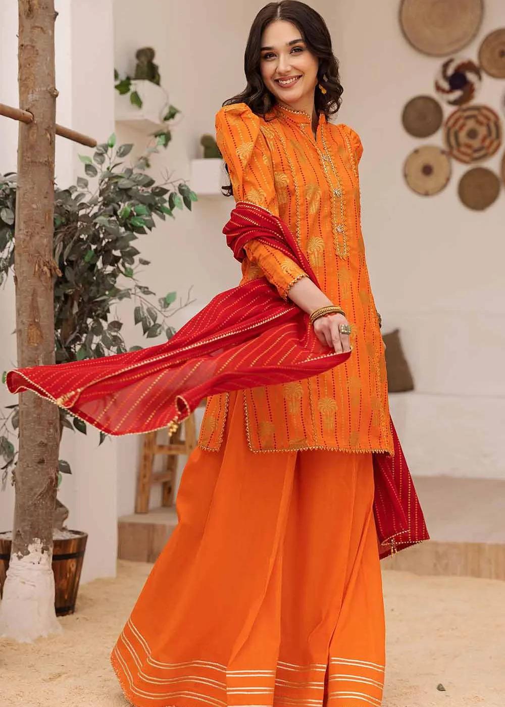 Gul Ahmed Print - Gold Printed Lawn Unstitched Suit with Crochet Lace - CL-32422 | Luxury Pakistani Fashion