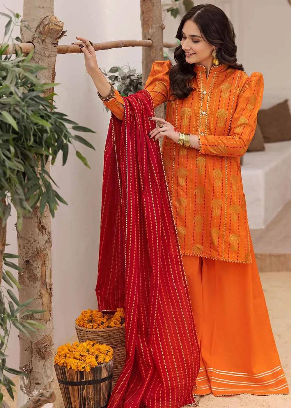 Gul Ahmed Print - Gold Printed Lawn Unstitched Suit with Crochet Lace - CL-32422 | Luxury Pakistani Fashion