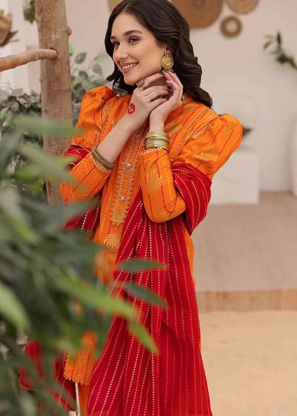 Gul Ahmed Print - Gold Printed Lawn Unstitched Suit with Crochet Lace - CL-32422 | Luxury Pakistani Fashion