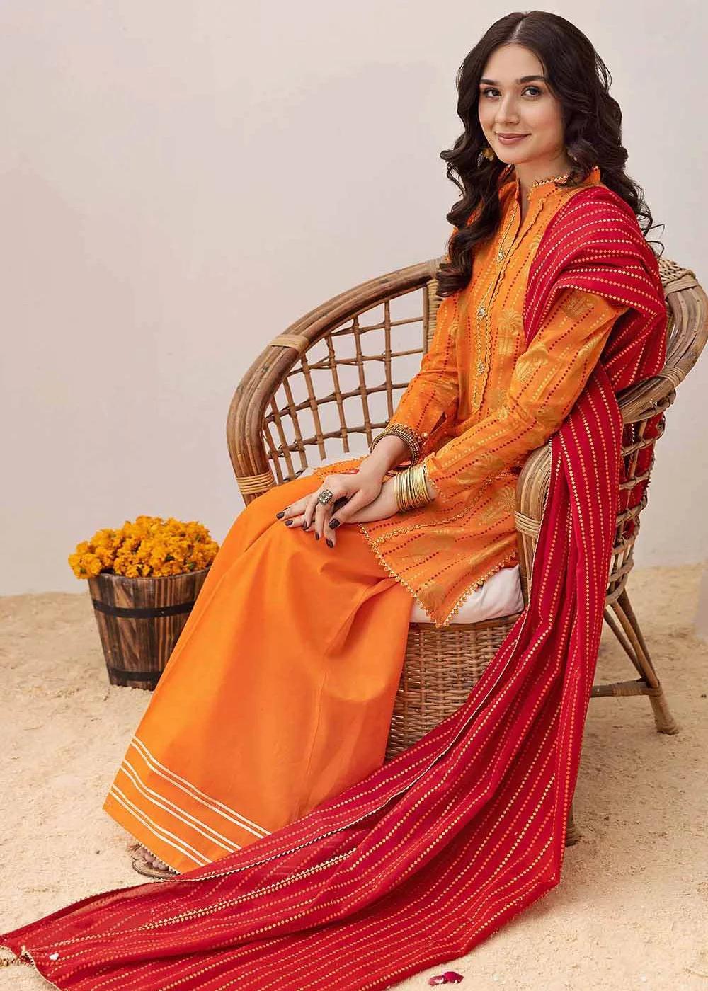 Gul Ahmed Print - Gold Printed Lawn Unstitched Suit with Crochet Lace - CL-32422 | Luxury Pakistani Fashion