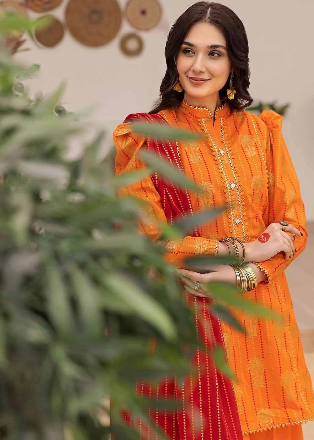 Gul Ahmed Print - Gold Printed Lawn Unstitched Suit with Crochet Lace - CL-32422 | Luxury Pakistani Fashion