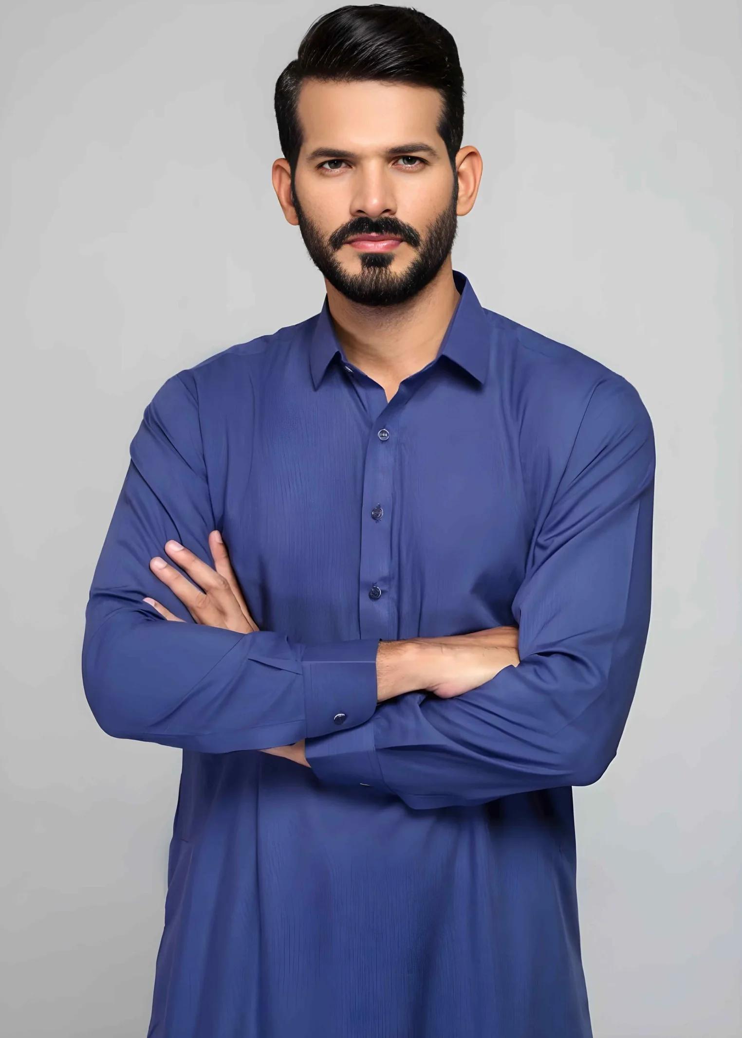 Gul Ahmed Royal Blue Cotton Unstitched Fabric Gul Verossa Suit