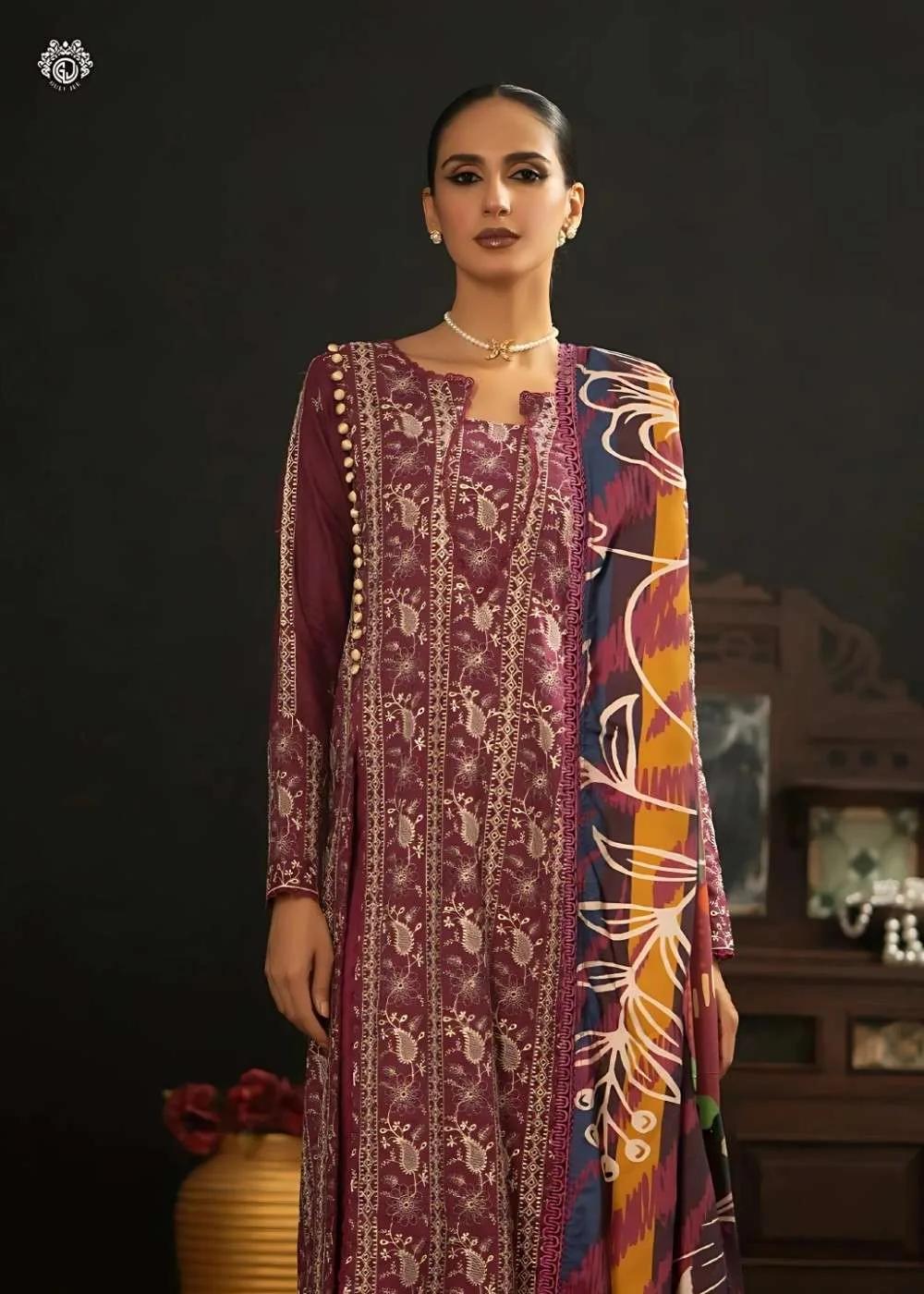 Gulljee 3-Piece Unstitched Luxury Leather Linen Self Jacquard Boring Heavy Embroidered Suit