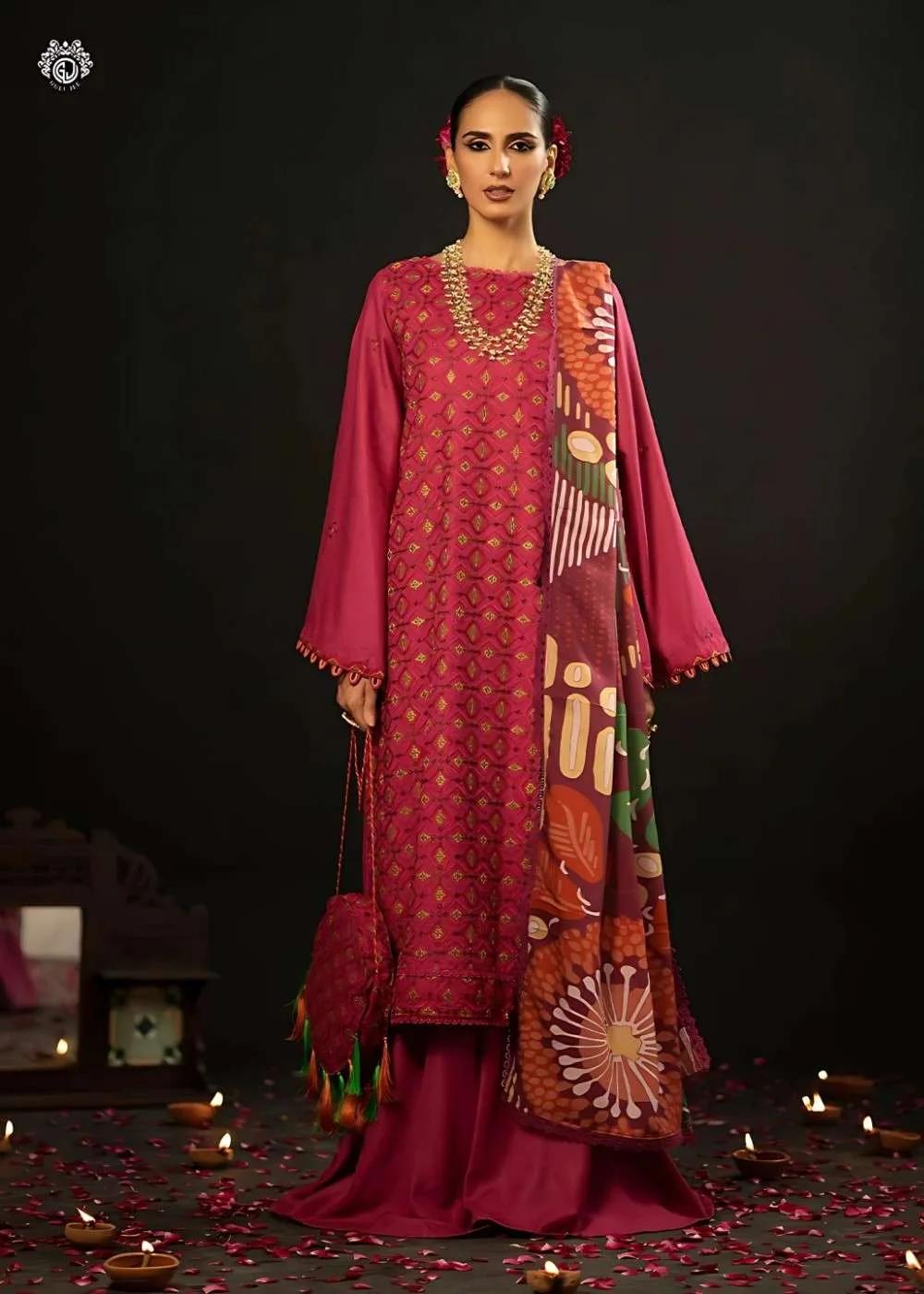 Gulljee 3-Piece Unstitched Luxury Leather Linen Self Jacquard Boring Heavy Embroidered Suit