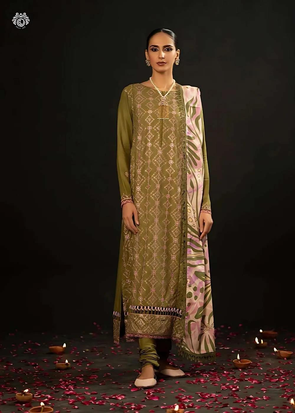 Gulljee 3-Piece Unstitched Luxury Leather Linen Self Jacquard Boring Heavy Embroidered Suit