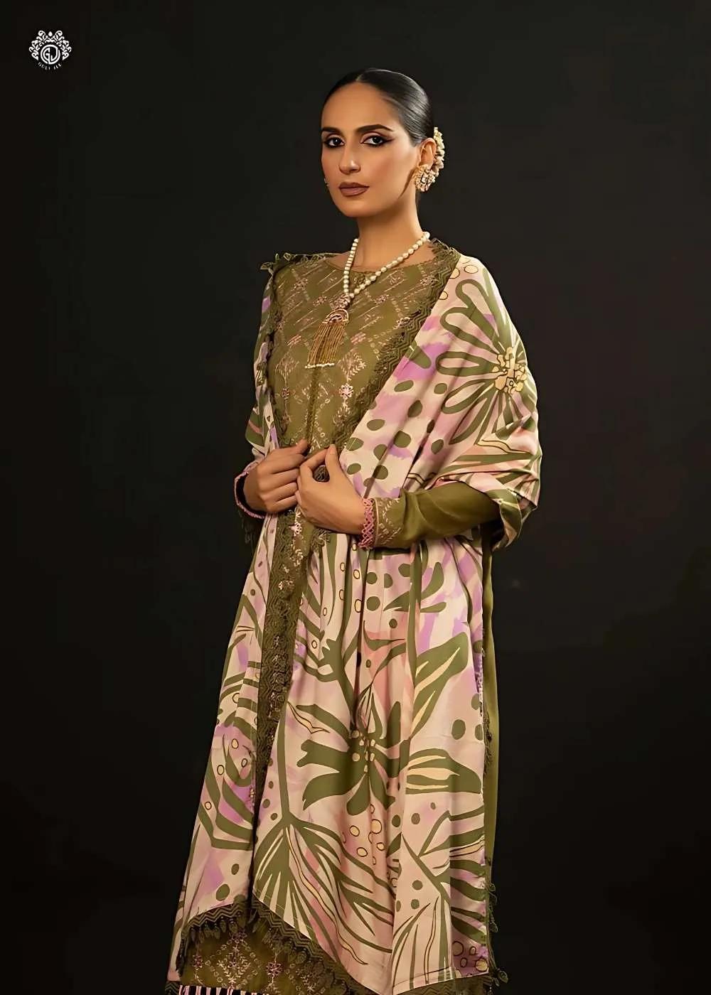 Gulljee 3-Piece Unstitched Luxury Leather Linen Self Jacquard Boring Heavy Embroidered Suit
