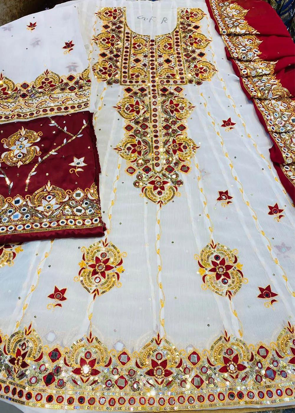 Handmade Embroidered Dress: 3-Piece Heavy Hand Embroidered Chiffon Unstitched Suit by Askani Group