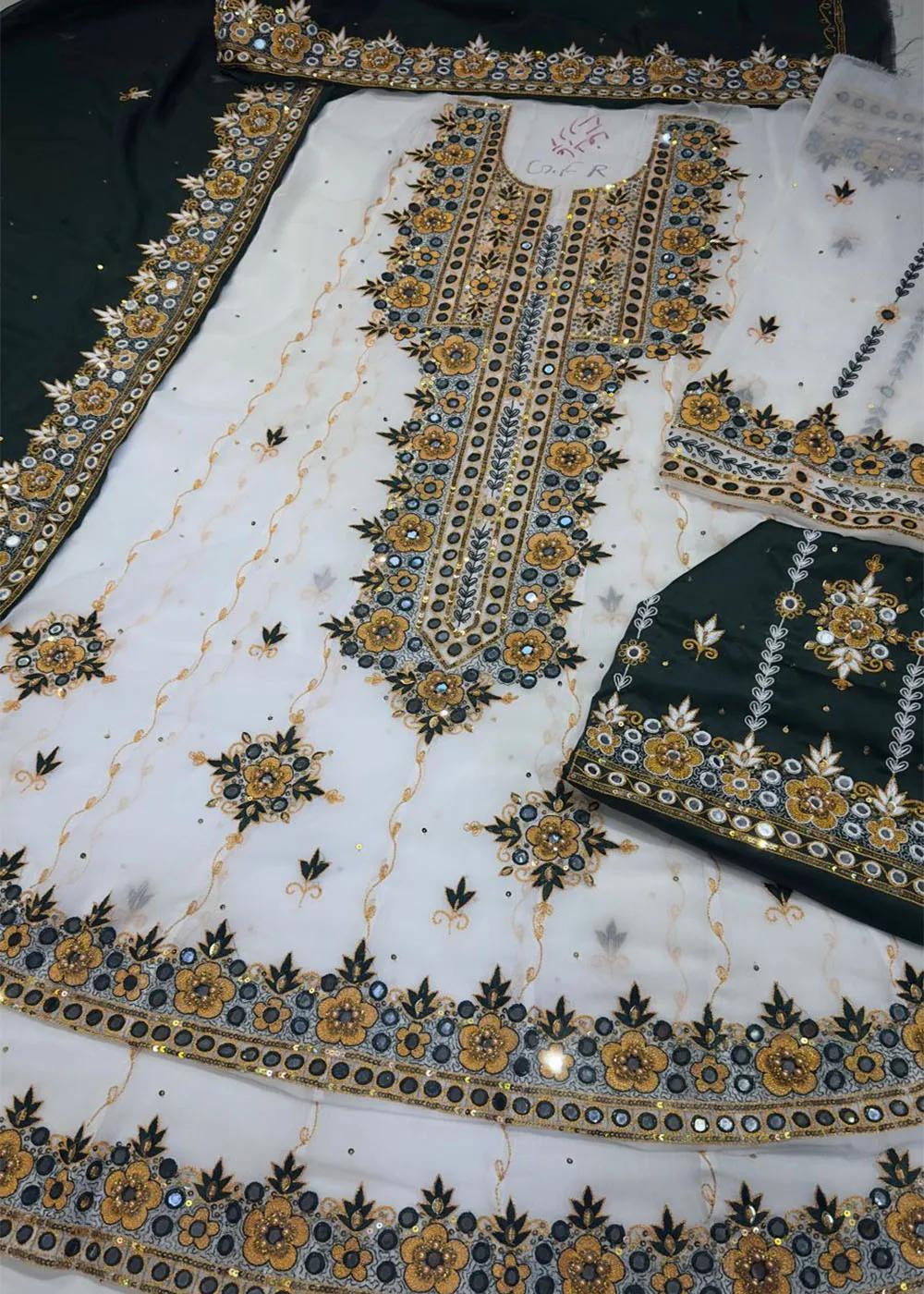 Handmade Embroidered Dress: 3-Piece Heavy Hand Embroidered Chiffon Unstitched Suit by Askani Group