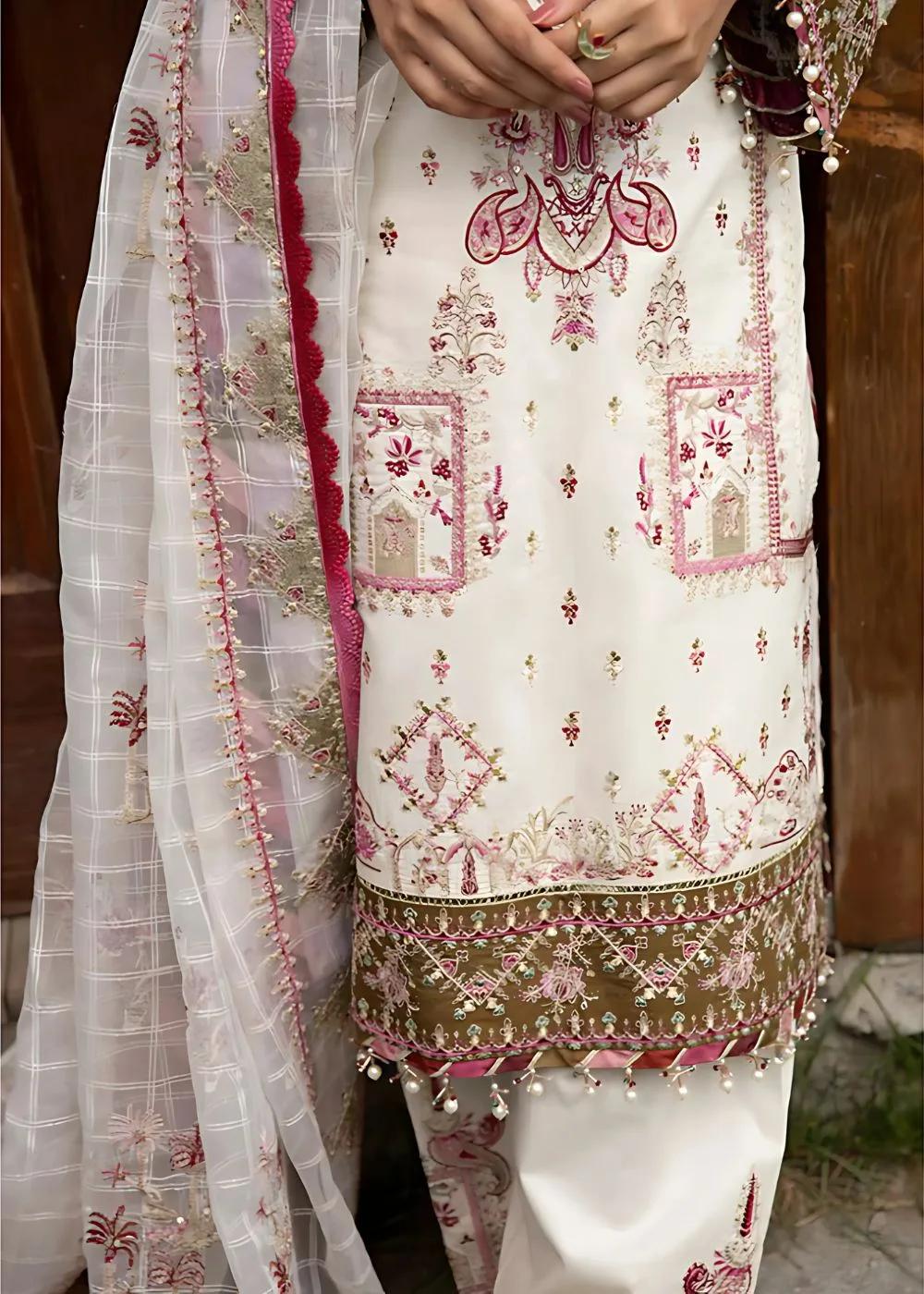 Qalamkar 3-Piece Unstitched Premium White Luxury Embroidered Front, Back & Sleeves with Embroidered Dupatta & Pallu
