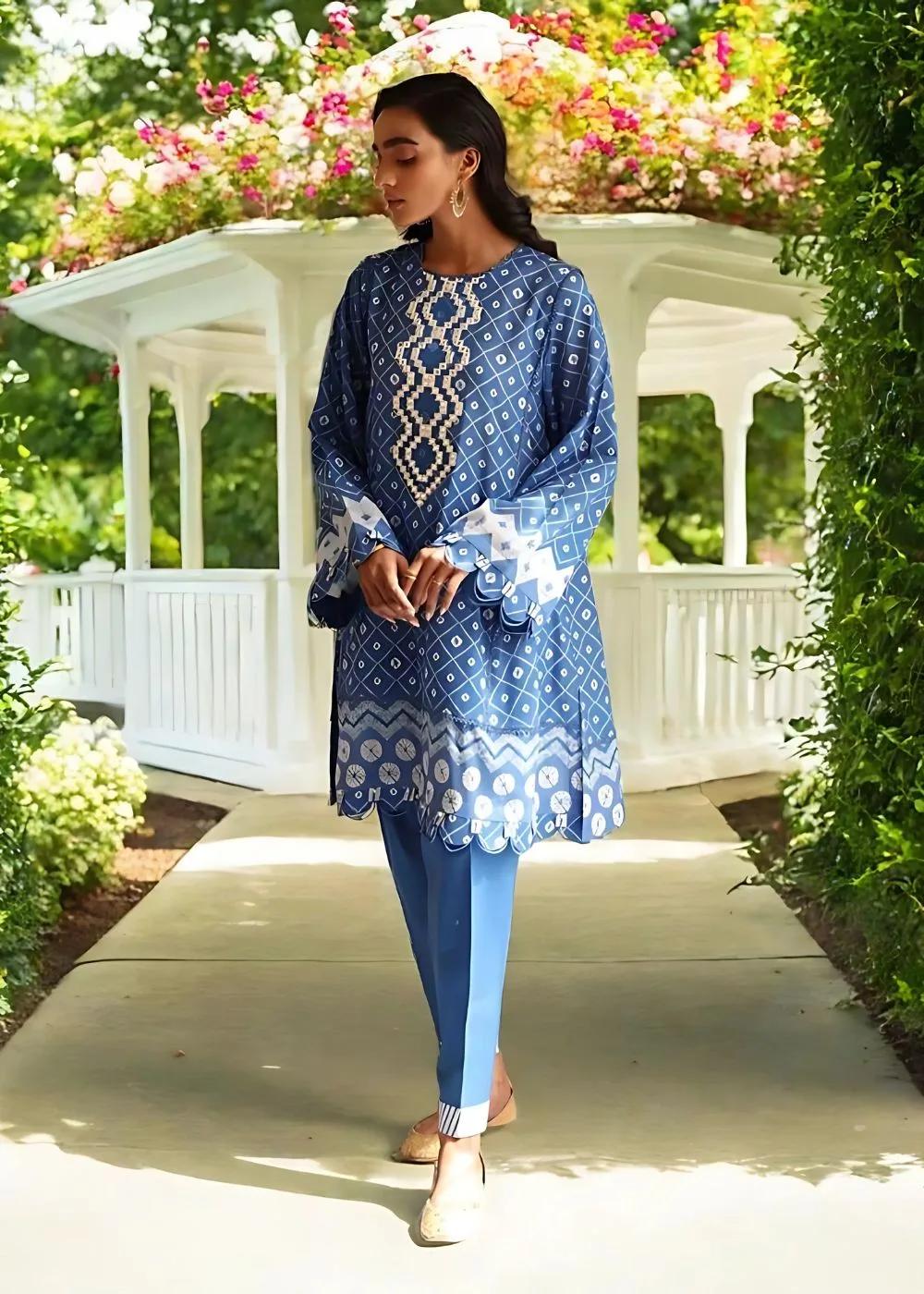 Cross Stitch 2-Piece Unstitched Mehrbano Ethnic Blue Luxury Lawn Digital Printed Embroidered Neckline with Dyed Cambric Trouser