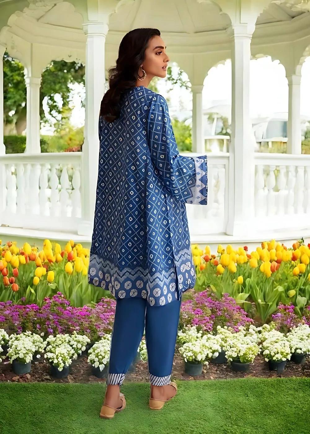 Cross Stitch 2-Piece Unstitched Mehrbano Ethnic Blue Luxury Lawn Digital Printed Embroidered Neckline with Dyed Cambric Trouser