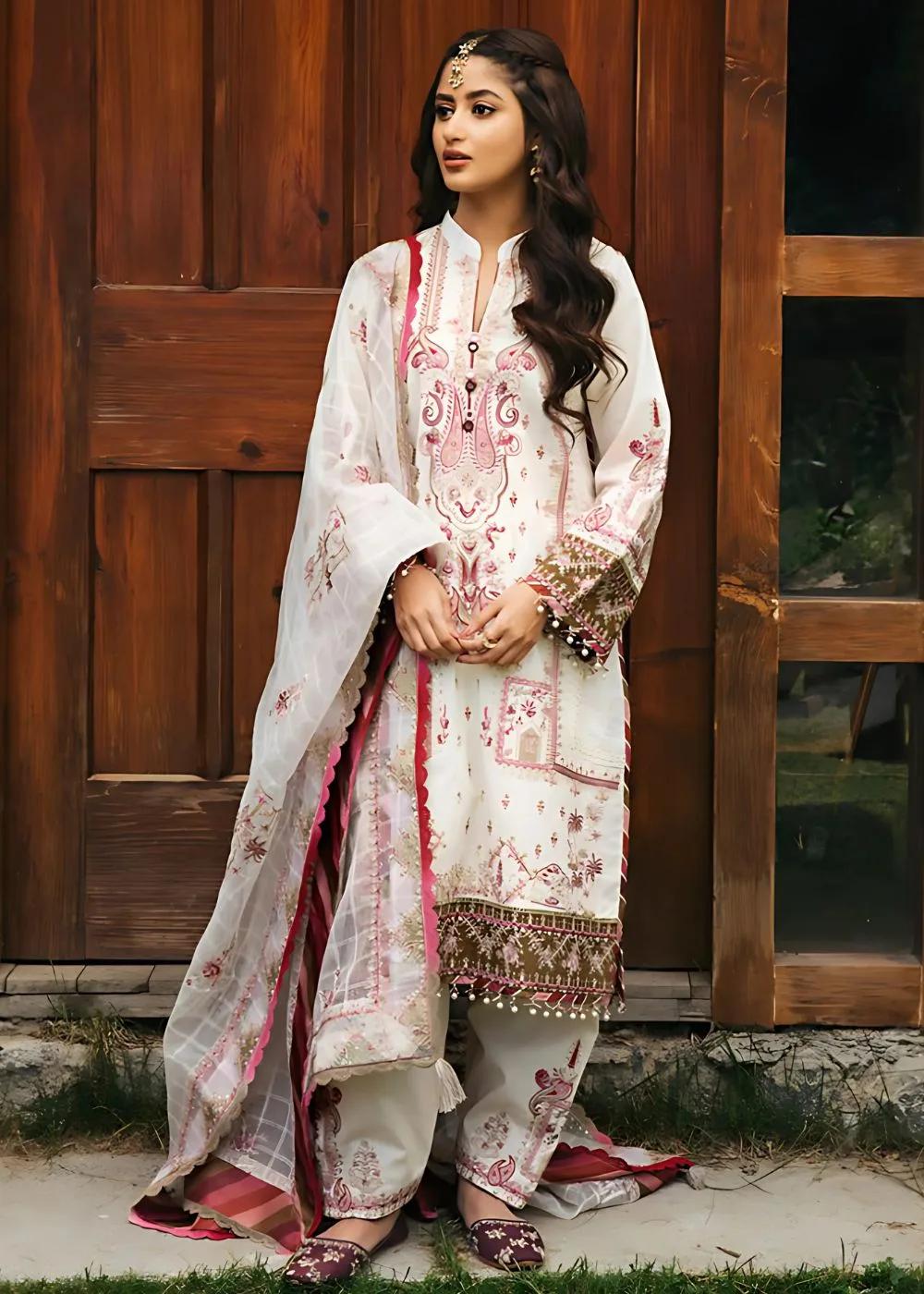 Qalamkar 3-Piece Unstitched Premium White Luxury Embroidered Front, Back & Sleeves with Embroidered Dupatta & Pallu