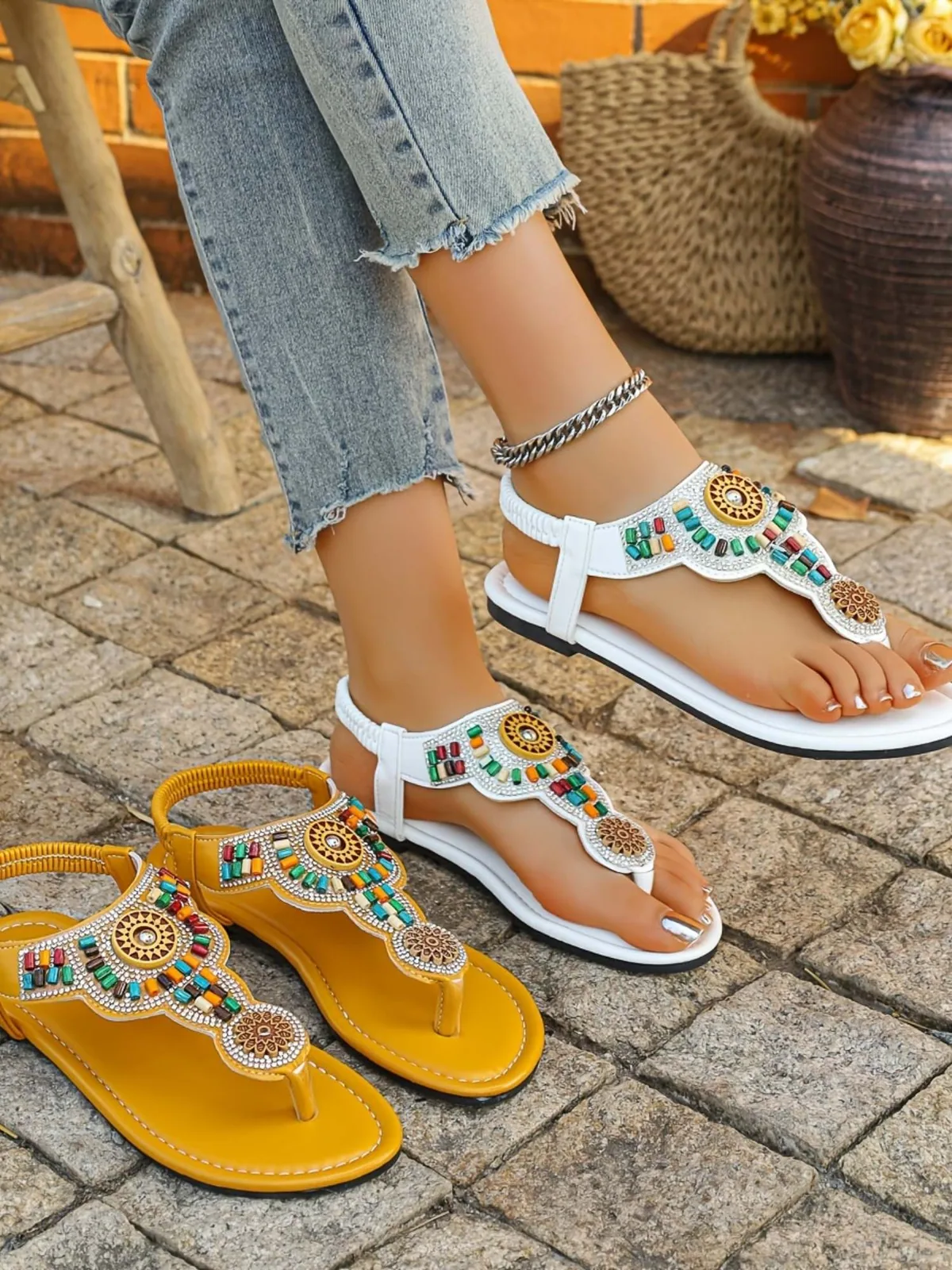Summer Slippers for Women Comfortable and Versatile Toe-Post Bohemian Style Beach Shoes