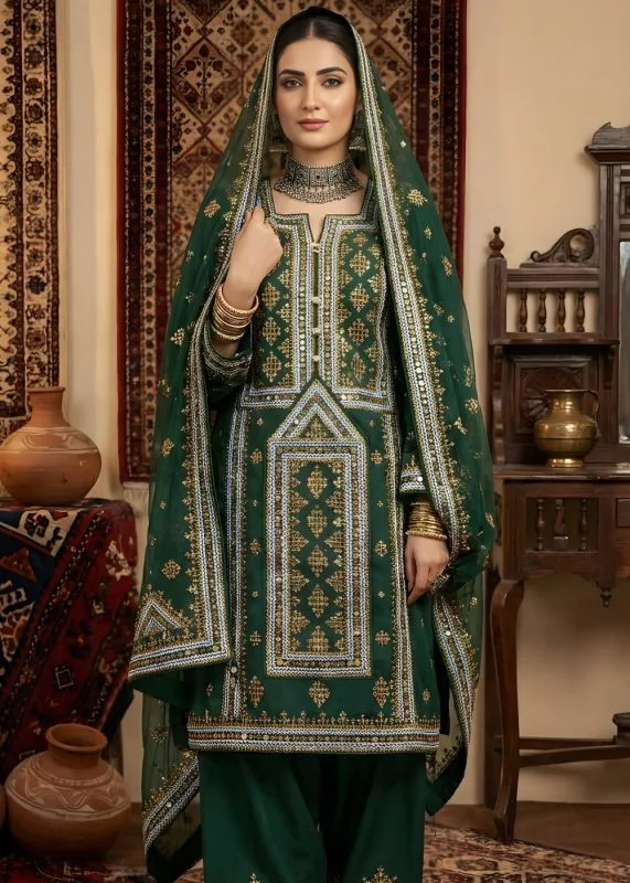 Askani Group Balochi Dress Online 3-Piece Unstitched Luxury Embroidered Chiffon Shirt with Luxury Embroidered Chiffon Dupatta AGC-BTD-W-068